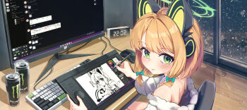 1girl absurdres animal_ear_headphones animal_ears aris_(blue_archive) bare_shoulders blonde_hair blue_archive blush bow breasts can cat_ear_headphones cat_ears chair clip_studio_paint clock closed_mouth commentary computer computer_keyboard computer_mouse desk digital_clock discord drawing_tablet drink_can energy_drink fake_animal_ears google_chrome green_bow green_eyes green_halo hair_bow halo headphones highres holding holding_drawing_tablet holding_stylus huwa_hu8 indoors long_sleeves looking_back low-tied_sidelocks microsoft_windows midori_(blue_archive) millennium_science_school_logo momoi_(blue_archive) monitor monster_energy on_chair parted_bangs short_hair sidelocks sitting small_breasts snowing solo stylus sweater swept_bangs turning_head white_sweater window windows_11 wooden_floor