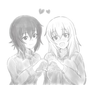2girls blush commentary_request girls_und_panzer greyscale heart heart_hands heart_hands_duo iteza_(flapper_girl_25) itsumi_erika kuromorimine_school_uniform monochrome multiple_girls nishizumi_maho school_uniform short_hair yuri