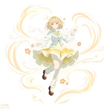 Rule 34 | 1girl, 2025, :o, absurdres, arm at side, blonde hair, breasts, brown shoes, buttons, cardigan, character name, chinese commentary, chinese text, collared cardigan, commentary request, dated, draftodil (plants vs. zombies), fenghongshenqiushi, flower, footwear flower, frilled skirt, frilled sleeves, frills, full body, hand up, highres, knees together feet apart, leg warmers, long sleeves, looking at viewer, medium skirt, neck flower, orange flower, parted lips, patterned background, personification, plaid clothes, plaid skirt, plants vs. zombies, plants vs. zombies 2, procreate (medium), puffy long sleeves, puffy sleeves, see-through clothes, see-through sleeves, shoes, short hair, sidelocks, simple background, skirt, small breasts, solo, standing, standing on one leg, swept bangs, translation request, tsurime, white background, white cardigan, white leg warmers, yellow eyes, yellow flower, yellow skirt