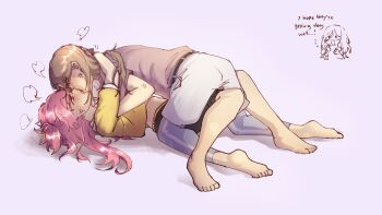 Rule 34 | 2girls, 3girls, anger vein, barefoot, black shorts, blush, brown hair, brown shirt, commentary, commission, emotsper, english commentary, english text, flying sweatdrops, french kiss, hand on another's shoulder, highres, higure arisa (project sekai), hinomori shizuku, kiss, long hair, momoi airi, multiple girls, pink eyes, pink hair, project sekai, purple background, shirt, shorts, simple background, toes, two side up, white shorts, yellow shirt, yuri