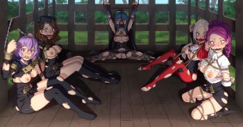 5girls arms_behind_back arms_up ball_gag bdsm bernadetta_von_varley bit_gag blue_eyes blue_hair bondage bound braid breasts breasts_out brown_hair cage captured chain cleave_gag cloth_gag constricted_pupils defeat dorothea_arnault earrings edelgard_von_hresvelg empty_eyes female_byleth_(fire_emblem) female_focus fire_emblem fire_emblem:_three_houses full_body gag gag_harness gagged garreg_mach_monastery_uniform green_eyes highres improvised_gag jewelry knot_gag long_hair looking_at_viewer medium_breasts multiple_girls nintendo nipples open_mouth panel_gag pantyhose petra_macneary purple_eyes purple_hair red_pantyhose restrained ring_gag rope short_hair sitting spread_legs stationary_restraints the_dark_mangaka tongue torn_clothes torn_pantyhose white_hair