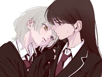 12thfog 2girls bang_dream! bang_dream!_it&#039;s_mygo!!!!! black_jacket blue_eyes brown_hair closed_mouth eye_contact heterochromia highres jacket kaname_raana long_hair looking_at_another mole mole_under_eye multiple_girls necktie purple_eyes purple_necktie shiina_taki shirt smile sweat white_hair white_shirt yellow_eyes yuri