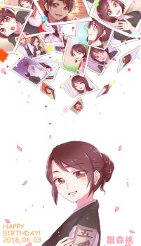 1046sstep_btoh 1girl aizen_sousuke alternate_hairstyle bleach commentary_request dated from_side hair_bun happy_birthday highres hinamori_momo hirako_shinji looking_at_viewer petals photo_(object) shihakusho single_hair_bun solo sword weapon