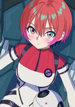Rule 34 | 1girl, absurdres, amate yuzuriha, blue eyes, cockpit, commentary request, earrings, gquuuuuux, gundam, gundam gquuuuuux, haro, highres, jewelry, looking at viewer, mecha, mecha pilot suit, mobile suit, non-humanoid robot, normal suit (gundam), pet, pilot, pilot chair, red hair, robot, scene reference, science fiction, sitting, user kpft2825