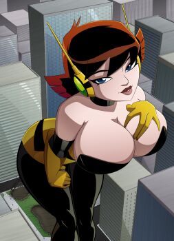 1girl bare_shoulders blue_eyes breasts choker cleavage curvy female_focus giant giantess gloves headphones highres huge_breasts janet_van_dyne lips looking_at_viewer marvel ravenravenraven short_hair solo thick_thighs thighs wasp_(marvel) wide_hips
