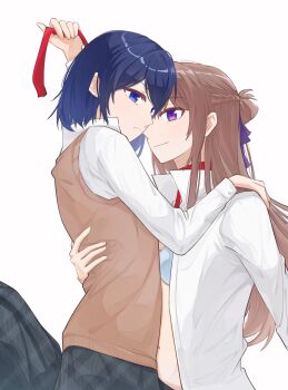 Rule 34 | 2girls, blue bra, blue eyes, blue hair, blue ribbon, bra, braid, brown hair, brown sweater vest, chinese commentary, closed mouth, commentary request, dated, dress shirt, hair ribbon, half up braid, highres, holding, holding leash, leash, long hair, mim120809, miyagi shiori, multiple girls, open clothes, open shirt, purple eyes, ribbon, sendai hazuki, shirt, short hair, shuuniichido classmate wo kau hanashi, sidelocks, sweater vest, underwear, white shirt, yuri