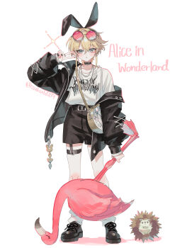 Rule 34 | 1boy, absurdres, alice's adventures in wonderland, animal, animal ear hairband, animal ears, bird, black hairband, black jacket, black shoes, blonde hair, blue eyes, blush, commentary request, cross-laced shoes, crossed bangs, double-parted bangs, eyewear on head, fake animal ears, flamingo, full body, hair between eyes, hairband, hand up, hedgehog, highres, holding, holding animal, jacket, long sleeves, looking at viewer, male focus, off shoulder, open clothes, open jacket, original, parted lips, rabbit ear hairband, rabbit ears, red-tinted eyewear, round eyewear, shirt, shoes, short hair, simple background, sleeves past wrists, socks, solo, sparkle, standing, sunglasses, suzaku (zaku6584), thigh strap, tinted eyewear, twitter username, v, white background, white rabbit (alice in wonderland), white shirt, white socks