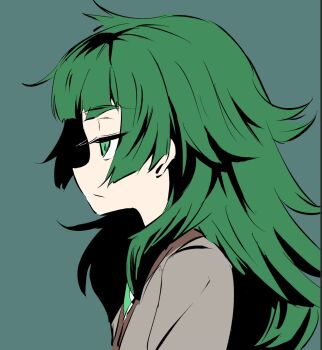 1girl blunt_bangs commentary_request from_side green_eyes green_hair highres hiyajou_maho jacket_over_dress messy_hair narrowed_eyes profile sadarann science_adventure simple_background solo steins;gate steins;gate_0 unamused upper_body