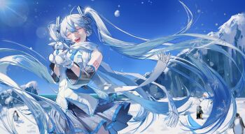 1girl :d ^_^ absurdres arm_tattoo bird blue_hair blue_necktie blue_sky chinese_commentary closed_eyes commentary_request cowboy_shot day detached_sleeves facing_viewer gloves hatsune_miku highres in_palm kako_(pixiv77158173) lens_flare long_hair necktie number_tattoo open_mouth outdoors penguin scarf shirt skirt sky sleeveless sleeveless_shirt smile snow snowflake_print snowman solo sunlight tattoo tie_clip twintails very_long_hair vocaloid white_gloves white_scarf winter yuki_miku yuki_miku_(2011)