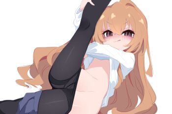 1girl aisaka_taiga black_pantyhose blue_skirt blush brown_eyes brown_hair closed_mouth clothes_lift clothes_pull convenient_censoring dot_nose empty_eyes feet_out_of_frame female_focus kukuchi581 leg_up licking_lips loli long_hair long_sleeves looking_at_viewer matching_hair/eyes naughty_face panties panty_pull pantyhose shirt shirt_lift simple_background sitting skirt skirt_around_one_leg smile solo tongue tongue_out toradora! underwear variant_set very_long_hair wavy_hair white_background white_shirt
