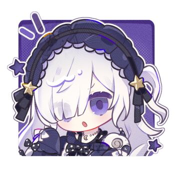 1girl :o blue_hairband chibi chibi_only chinese_commentary commentary_request eyes_visible_through_hair gothic_lolita hair_over_one_eye hairband lolita_fashion lolita_hairband long_hair long_sleeves looking_at_viewer mahou_shoujo_no_majo_saiban natsume_an-an one_side_up open_mouth purple_eyes qiannie solo star_(symbol) upper_body white_hair