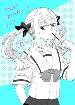 1girl bad_link black_bow blue_skirt blush bow chest_bow chuo_tanegashima_high_school_uniform cropped_shirt food food_in_mouth hair_between_eyes hair_bow happy_birthday high-waist_skirt highres holding holding_food holding_pocky ikuhashi_muiko koujiro_frau multiple_hair_bows pleated_skirt pocky pocky_in_mouth robotics;notes sailor_collar school_uniform science_adventure shirt short_sleeves sidelocks skirt smile smug solo twintails white_sailor_collar white_shirt