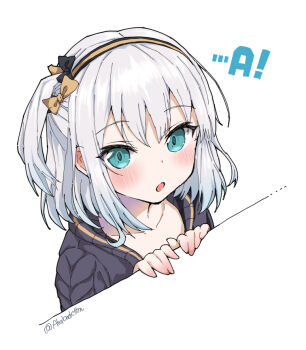 1girl ars_almal ars_almal_(5th_costume) black_jacket blue_eyes blush bow collarbone hairband jacket nijisanji one_side_up open_clothes open_jacket open_mouth short_hair solo tatami_kami virtual_youtuber white_background white_hair