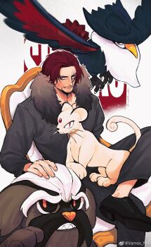 beard black_pants black_shoes closed_mouth connected_beard crossover facial_hair fur-trimmed_jacket fur_trim gen_4_pokemon highres honchkrow jacket mabosstiff male_focus nintendo on_lap one_piece pants persian_(pokemon) petting pokemon pokemon_(creature) pokemon_on_lap red_hair scar scar_across_eye scar_on_face shanks_(one_piece) shoes short_hair sitting smile vamos_mk