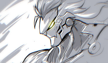 1boy artist_name banyue_(zenless_zone_zero) bara closed_mouth commentary english_commentary glowing glowing_eye greyscale long_hair looking_to_the_side male_focus monochrome partially_colored robot_boy sollyz twitter_username upper_body white_background zenless_zone_zero