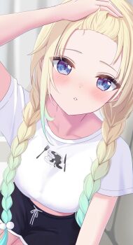 Rule 34 | 1girl, aizawa ema, aqua hair, arm up, black shorts, blonde hair, blue eyes, blush, braid, commentary request, dolphin shorts, forehead, foreshortening, gradient hair, hair lift, hand on own head, hetj5235, highres, long hair, looking at viewer, low twin braids, multicolored hair, parted lips, print shirt, shirt, short shorts, short sleeves, shorts, sitting, solo, t-shirt, twin braids, two-tone hair, virtual youtuber, vspo!, white shirt