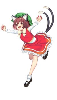 Rule 34 | 1girl, :d, \o/, animal ear fluff, animal ear piercing, animal ears, arms up, bare legs, bent over, bow, bowtie, brown eyes, brown hair, cat ears, cat tail, chen, claw pose, commentary request, double-parted bangs, earrings, fang, frills, full body, hair between eyes, happy, hat, hataraki kuma, highres, jewelry, leaning forward, long sleeves, looking at viewer, mary janes, mob cap, multiple tails, nail polish, nekomata, open mouth, outstretched arms, petticoat, red nails, red skirt, red vest, shirt, shoes, single earring, skirt, skirt set, smile, socks, solo, standing, standing on one leg, tail, touhou, transparent background, two tails, v-shaped eyebrows, vest, white bow, white bowtie, white shirt