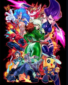 Rule 34 | 1boy, 5girls, animal ears, armpits, ass, ass focus, b.b. hood, bare shoulders, blonde hair, blood, blue eyes, blue hair, bodysuit, breasts, brown hair, bug, bullet, butterfly, capcom, cat ears, cat girl, cat tail, cropped jacket, crossover, darkstalkers, dog, dress, felicia (darkstalkers), fingerless gloves, fire, gloves, gun, hood, insect, jill valentine, large breasts, leotard, long hair, marvel, marvel vs. capcom, medium breasts, mega man (series), mega man legends (series), multicolored hair, multiple girls, muscular, muscular male, pants, psylocke, purple eyes, purple hair, reiq, resident evil, robot, rogue (x-men), servbot (mega man), shirt, short sleeves, sleeveless, spider-man, spider-man (series), superhero costume, tail, teeth, two-tone hair, upper teeth only, very long hair, weapon, white hair, x-men, zombie