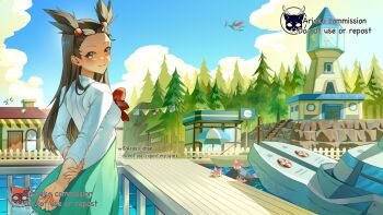 1girl ampharos ariekochan arms_behind_back bird blue_sky blush boat bow brown_eyes brown_hair building cloud corsola day dock dress flying forest gen_1_pokemon gen_2_pokemon green_dress hair_bobbles hair_ornament highres jacket jasmine_(pokemon) lighthouse long_hair looking_at_viewer looking_back magnemite magnet nature nintendo orange_bow outdoors parted_lips poke_mart pokemon pokemon_(creature) pokemon_hgss rock skarmory sky smile tree two_side_up water watercraft white_jacket window wings