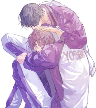 2boys aso_lago black_hair closed_eyes closed_mouth commentary_request himuro_tatsuya jacket kissing_head knees_up kuroko_no_basuke male_focus multiple_boys murasakibara_atsushi open_clothes open_jacket pants purple_hair short_hair simple_background sitting white_background yaoi