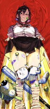 1girl absurdres ayase_momo baseball_bat black_choker brown_hair choker clothes_lift commentary dandadan earrings erupusai2 highres jewelry leg_warmers lifting_own_clothes looking_at_viewer looking_down medium_hair panties scene_reference senjougahara_hitagi_skirt_lift_pose single_sidelock skirt skirt_lift solo symbol-only_commentary ufo underwear white_panties