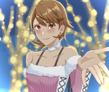 1girl bare_shoulders blush brown_eyes brown_hair choker closed_mouth collarbone commentary_request cross-laced_sweater earrings flipped_hair fur-trimmed_sweater fur_trim heart heart_choker heart_earrings jewelry lambee277617 light_smile lipgloss lips long_sleeves looking_at_viewer off-shoulder_sweater off_shoulder official_alternate_costume outstretched_hand persona persona_3 persona_3_reload pink_sweater ribbed_sweater short_hair solo strap stud_earrings sweater takeba_yukari upper_body white_choker winter_clothes