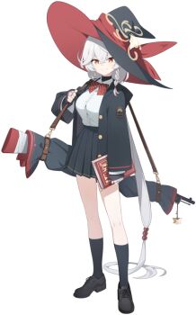 1girl absurdly_long_hair bad_tag bag black_choker black_footwear black_headwear black_jacket black_legwear black_skirt black_socks book bookshelf bow bowtie braid breasts choker closed_mouth collared_shirt crossed_bangs earrings eri_(blue_archive) female hair_between_eyes hat high-waist_skirt highres holding holding_book indoors jacket jewelry kneehighs large_breasts library long_hair long_sleeves looking_at_viewer low-tied_long_hair neckwear open_clothes open_jacket orange_eyes pleated_skirt red_bow red_bowtie red_neckwear ring school_uniform shirt shirt_tucked_in shoes side_braid single_braid skirt smile socks solo spellcaster spellcaster_hat standing striped striped_bow striped_bowtie striped_clothes striped_neckwear uniform very_long_hair weapon weapon_case weapon_on_back white_hair white_shirt witch witch_hat yellow_eyes