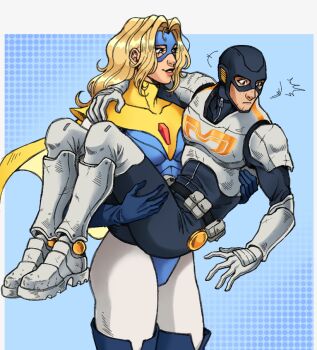 1boy 1girl armor black_bodysuit blonde_blazer blonde_hair blue_background blue_gloves blue_leotard bodysuit boots cape carrying commentary dispatch elbow_gloves english_commentary facial_hair gloves hetero leotard mountainshroom princess_carry robert_robertson stubble yellow_cape zipper