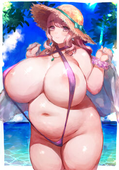 1girl absurdres bikini blue_sky breasts c.cu cleavage fat fat_woman fupa hat highres huge_breasts large_breasts plump sky slingshot_swimsuit smile straw_hat swimsuit tight_clothes