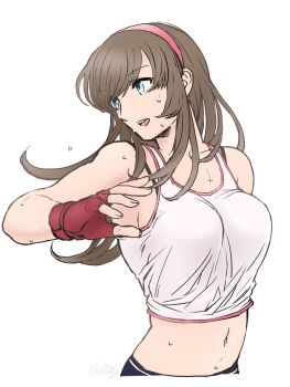 blue_eyes bra_strap brown_hair dead_or_alive dead_or_alive_5 denim fingerless_gloves gloves hairband highres hitomi_(doa) jeans long_hair midriff navel open_mouth pants pink_hairband red_gloves shinji_(metal-chan) sidelocks sweat tank_top white_tank_top