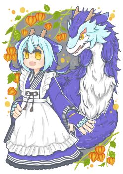Rule 34 | 2girls, absurdres, apron, aqua hair, blue hair, commentary request, dragon, dragon girl, dragon horns, dragon tail, dragonmaid nudyarl, dual persona, duel monster, eastern dragon, eastern dragon horns, fingerless gloves, frilled apron, frills, gloves, hair between eyes, highres, horns, japanese clothes, laundry dragonmaid, long sleeves, maid, maid apron, multiple girls, open mouth, short hair, smile, tail, wa maid, white apron, yaye5353, yellow eyes, yu-gi-oh!