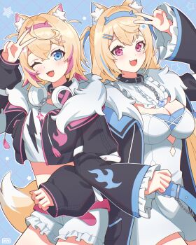 2girls absurdres animal_ear_fluff animal_ears aqua_belt aqua_eyes aqua_hair aqua_trim bandaid bandaid_hair_ornament belt belt_collar black_jacket blush breasts cleavage collar commentary_request dog_ears dog_girl dog_tail frilled_shirt_collar frills fuwawa_abyssgard fuwawa_abyssgard_(1st_costume) hair_between_eyes hair_ornament highres hololive hololive_english jacket long_hair long_sleeves looking_at_viewer medium_breasts midriff mikeemyk1 mococo_abyssgard mococo_abyssgard_(1st_costume) multiple_girls open_clothes open_jacket open_mouth pink_belt pink_eyes pink_hair pink_trim shirt short_hair siblings sisters small_breasts smile stomach tail twins v virtual_youtuber white_shirt x_hair_ornament
