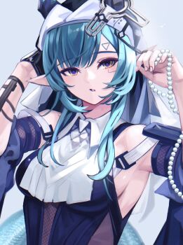 Rule 34 | 1girl, aqua hair, arknights, arknights: endfield, ascot, bare shoulders, black dress, black gloves, blue eyes, breasts, commentary request, demon girl, demon horns, detached sleeves, dress, gloves, half gloves, highres, horns, long hair, looking at viewer, medium breasts, mey (me hanamomo), multicolored eyes, nun headdress, pointy ears, single half glove, solo, two-tone eyes, white ascot, xaihi (arknights), yellow eyes