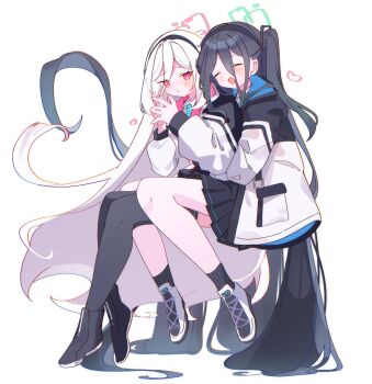 Rule 34 | 2girls, :d, :o, aris (blue archive), black hair, black hairband, black shoes, black skirt, black socks, black thighhighs, blue archive, blue necktie, blush, closed eyes, collared shirt, commentary, green halo, hair between eyes, hair ornament, hairband, halo, heart, highres, hug, hug from behind, jacket, kei (blue archive), kei (new body) (blue archive), long hair, long hair between eyes, multiple girls, necktie, no nose, open mouth, own hands together, pink halo, pleated skirt, rco as, rectangular halo, red eyes, ringed eyes, shirt, shoes, simple background, skirt, smile, socks, symbol-only commentary, thighhighs, very long hair, white background, white hair, white jacket, white shirt, white shoes, yuri