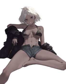 1girl abs absurdres ahoge armpit_crease barefoot bikini black_bikini black_jacket blue_eyes breasts breasts_apart collarbone dark_skin far_side feet foot_out_of_frame grey_shorts grin gundam gundam_suisei_no_majo hair_intakes highres jacket large_breasts linea_alba navel off_shoulder parted_bangs secelia_dote short_hair shorts simple_background sitting smile solo stomach swimsuit toes white_background white_hair