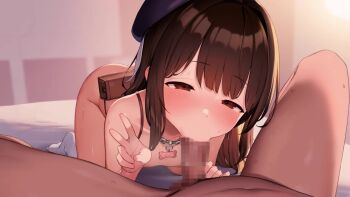 1boy 1girl :>= all_fours animated backpack bag bdsm beret blush breasts brown_eyes brown_hair censored collar erection fellatio flat_chest half-closed_eyes hat henreader hetero loli long_hair looking_at_viewer mosaic_censoring nipples nude on_bed oral original penis pov pov_crotch sidelocks slave small_breasts spread_legs sweat tagme testicles ugoira v video