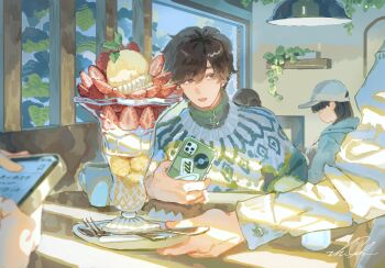 1boy cafeteria commentary_request cream cup dessert food fruit highres holding holding_phone ice_cream lamp looking_at_another male_focus original parfait people phone plant shigre spoon strawberry strawberry_parfait sweater waiter whipped_cream