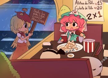 3girls animal animal_on_head baby_animal bird bird_on_head blonde_hair blue_hat blue_kimono bone chick commentary fast_food ghost hat highres indoors japanese_clothes kimono konpaku_youmu konpaku_youmu_(ghost) multicolored_hair multiple_girls mystia_lorelei niwatari_kutaka on_head orange_skirt pink_hair plate rain red_hair shirt short_hair skirt spanish_text stareenn touhou translated two-tone_hair white_shirt zzz
