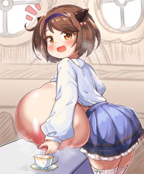 1girl blue_skirt blush bob_cut breasts breasts_out brown_eyes brown_hair cup draph enostal from_side gigantic_breasts granblue_fantasy hair_ornament hairband hand_on_own_chest horns lactating_into_container lactation looking_back nipple_stimulation nipples open_clothes open_mouth open_shirt purple_hairband shirt short_hair skirt small_horns smile solo standing tea teacup white_shirt yaia_(granblue_fantasy)
