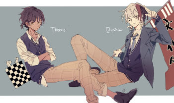 Rule 34 | 2boys, arknights, black hair, black shoes, blue necktie, blue sweater vest, board game, brown hair, brown pants, character name, checkered flag, chess piece, chessboard, collared shirt, commentary request, crossed arms, dark-skinned male, dark skin, elysium (arknights), flag, highres, holding, holding flag, jacket, long sleeves, looking at viewer, male focus, marumarukin, multicolored hair, multiple boys, necktie, one eye closed, pants, pants rolled up, plaid clothes, plaid pants, ponytail, red hair, salute, school uniform, shirt, shoes, short hair, short ponytail, sleeves rolled up, smile, streaked hair, sweater vest, thorns (arknights), two-finger salute, white hair, white shirt, yellow eyes