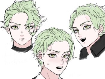 1boy character_request copyright_request cropped_head green_eyes green_hair hair_over_one_eye hair_slicked_back highres looking_at_viewer male_focus multiple_views okubatomaeba open_mouth parted_lips short_hair simple_background small_sweatdrop smile white_background