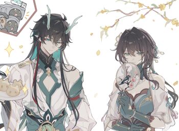 Rule 34 | 1boy, 1girl, aqua eyes, bead necklace, beads, black hair, branch, chinese clothes, chinese commentary, cleavage cutout, clothing cutout, colored inner hair, commentary request, dan heng (honkai: star rail), dan heng (imbibitor lunae) (honkai: star rail), dragon boy, dragon horns, earrings, eyeliner, floral print, flower, food, gloves, hair between eyes, hair ornament, hairpin, hand fan, highres, holding, holding food, honkai: star rail, honkai (series), horns, jewelry, long hair, makeup, multicolored hair, necklace, pointy ears, ruan mei (honkai: star rail), shoulder cutout, single bare shoulder, single earring, streaked hair, trailblazer (honkai: star rail), trailblazer (trash cake) (honkai: star rail), yue (shemika98425261)