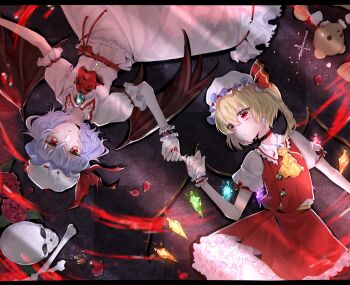 2girls ascot bat_wings blonde_hair blue_gem blue_hair bone brooch buttons checkered_floor choker collared_shirt commentary_request cross crystal_wings fingernails flandre_scarlet flower frilled_shirt_collar frilled_skirt frilled_wrist_cuffs frills gem hat hat_ribbon highres jewelry locket long_fingernails lying medium_hair mob_cap multicolored_wings multiple_girls pendant petticoat pink_shirt pink_skirt pinky_swear puffy_short_sleeves puffy_sleeves red_ascot red_choker red_eyes red_flower red_nails red_petals red_ribbon red_rose red_skirt red_vest remilia_scarlet ribbon rose shirt short_sleeves side_ponytail skirt skull sobashion stuffed_animal stuffed_toy teddy_bear touhou vest white_hat white_shirt wings wrist_cuffs yellow_ascot