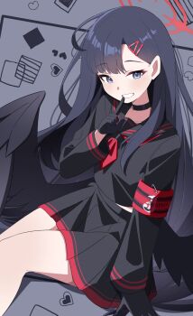 1girl :d ahoge armband black_choker black_gloves black_hair black_sailor_collar black_serafuku black_shirt black_skirt black_wings blue_archive blue_eyes blush choker clothes_writing english_text feathered_wings feet_out_of_frame finger_to_mouth gloves grin hair_ornament hairclip heart highres ichika_(blue_archive) index_finger_raised long_hair long_sleeves looking_at_viewer miniskirt neckerchief open_mouth parted_lips safety_pin sailor_collar sasanoha_(sasanoha0712) school_uniform serafuku shirt shushing sitting skirt smile solo very_long_hair wings