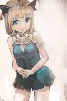 Rule 34 | 1girl, blue dress, blue eyes, blush, brown hair, dress, female focus, gradient background, looking at viewer, original, smile, solo, uturo