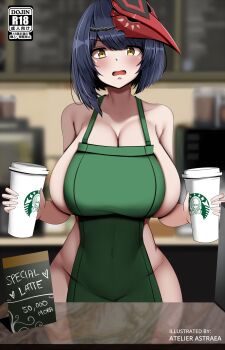 1girl alternate_breast_size_(larger) apron artist_name astraea_(atelierastraea) asymmetrical_hair bare_shoulders barista bird_mask blurry blurry_background blush breasts cleavage collarbone commentary counter covered_navel cup disposable_cup embarrassed english_commentary genshin_impact green_apron groin highres holding holding_cup huge_breasts iced_latte_with_breast_milk_(meme) indoors kujou_sara mask mask_on_head meme menu naked_apron no_bra no_panties open_mouth reflection short_hair solo standing swept_bangs tengu_mask v-shaped_eyebrows yellow_eyes
