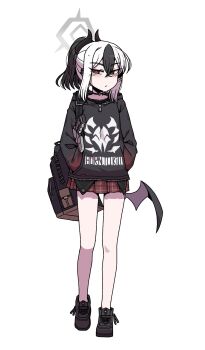 1girl black_hair black_hoodie black_horns blue_archive closed_mouth demon_horns earclip grey_halo hair_between_eyes halo highres hood hoodie horns karepack kayoko_(blue_archive) multicolored_hair ponytail red_eyes simple_background single_wing solo two-tone_hair white_background white_hair wings