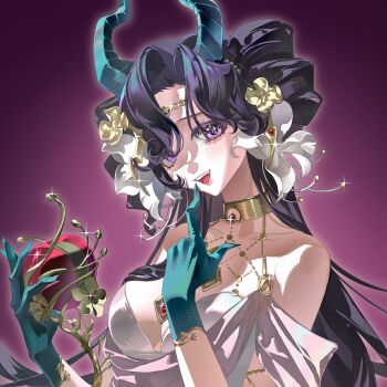 Rule 34 | 1girl, :d, absurdres, anjo nala, anjo nala (forbidden fruit), apple, bare shoulders, black hair, breasts, commission, demon girl, demon horns, dress, finger to mouth, flower, food, fruit, gloves, gold choker, gradient background, green gloves, green horns, hair flower, hair ornament, hands up, highres, holding, holding food, holding fruit, horns, long hair, looking at viewer, medium breasts, official alternate costume, open mouth, parted bangs, purple background, purple eyes, reverse:1999, second-party source, sleeveless, sleeveless dress, smile, solo, tao wei fenda, teeth, upper body, upper teeth only, white dress, white flower