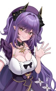 1girl black_bow bow breasts byeolgeule center_frills cleavage closed_mouth collarbone demon_horns dragon_girl dragon_horns frilled_shirt frills gem gold_necklace gold_trim hair_between_eyes hair_intakes hand_up hashtag-only_commentary hat head_tilt high-waist_skirt highres horns jewelry large_breasts long_hair looking_at_viewer necklace open_hand outstretched_arm pink_gemstone pointy_ears puffy_short_sleeves puffy_sleeves purple_hair purple_hat purple_skirt sakihane_huya shirt shirt_bow short_sleeves simple_background skirt smile solo stellive two_side_up very_long_hair virtual_youtuber waving white_background white_shirt yellow_eyes