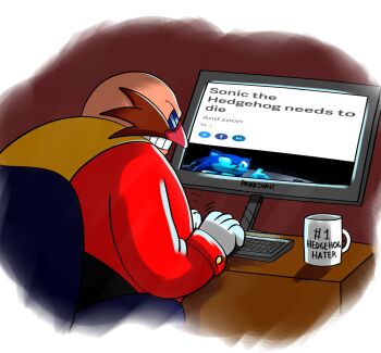 1boy bald clarissa_arts classic_eggman computer computer_keyboard cup dr._eggman facial_hair glasses gloves highres male_focus monitor mug mustache panasonic_corporation solo sonic_(series) sonic_the_hedgehog sonic_the_hedgehog_(classic) teeth white_gloves